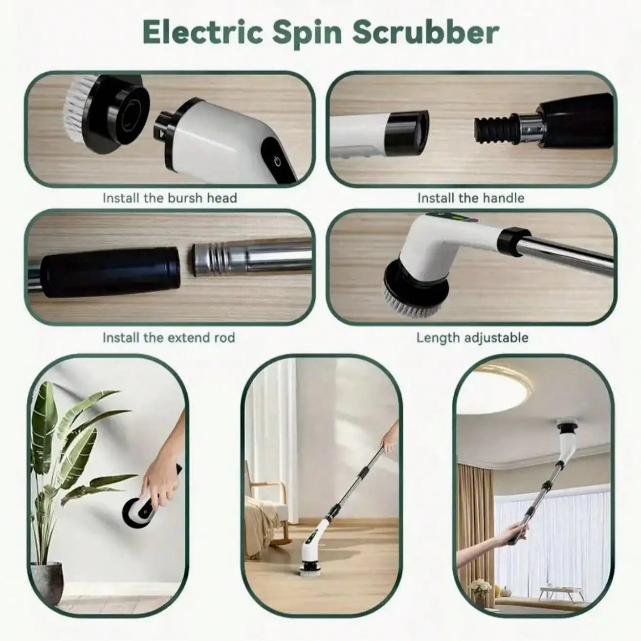 Electric Rotating Cleaning Brush, Rechargeable Cleaning Brush, Shower Cleaning Brush With 9 Brush Heads, 2 Hours Of Battery Life, Dual Speed Adjustment, Retractable Handle, IPX7 Waterproof, Suitable For Bathtubs, Tiles, Floor