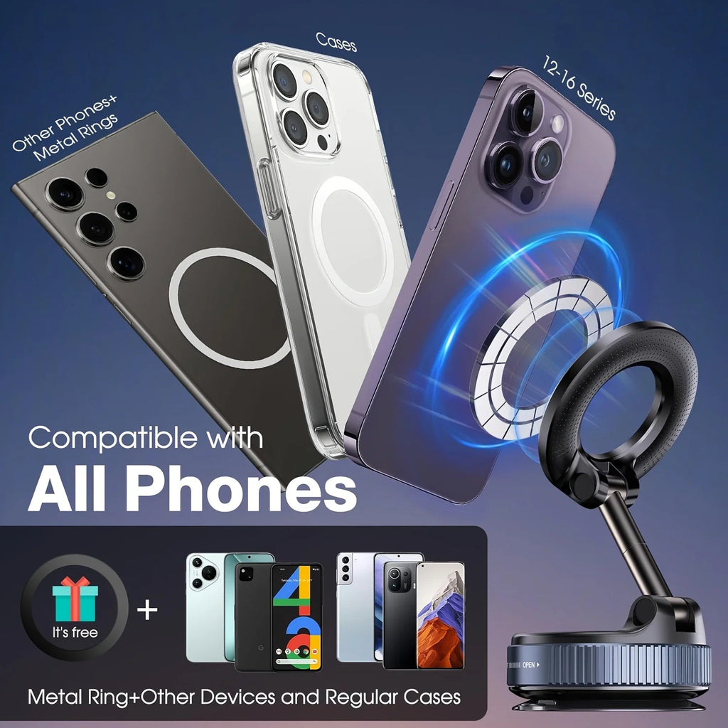 Magnetic Suction Phone Mount 360° – Strong Hold Car & Home Phone Holder-Soporte Magnético para Celular con Succión 360° – Fijación Ultra Fuerte para Carro y Hogar