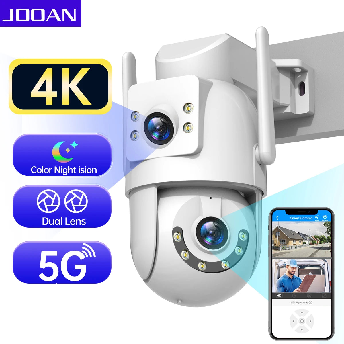 Cámara de Seguridad Inteligente JOOAN 4MP – Doble Lente y Doble Pantalla (WiFi Dual-Band)