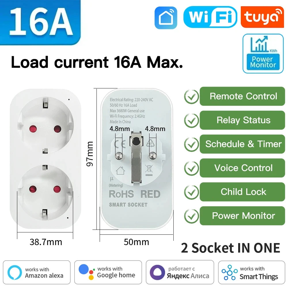 Tomacorriente Inteligente WiFi / Zigbee 16A-20A (Estándar Europeo)