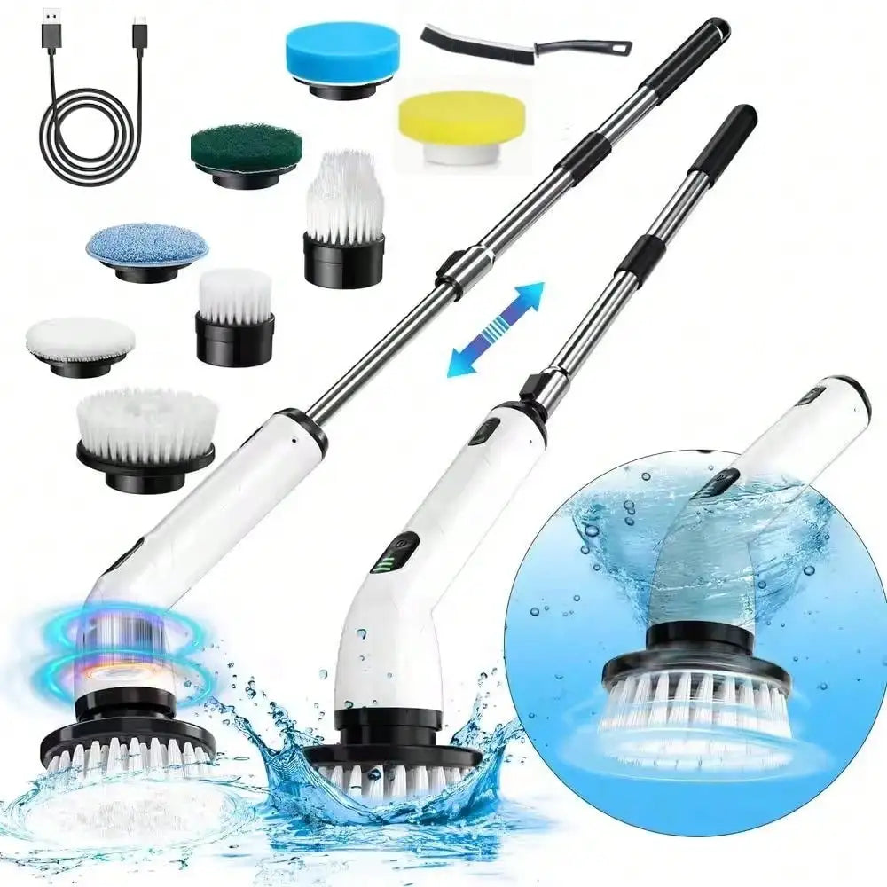 Electric Rotating Cleaning Brush, Rechargeable Cleaning Brush, Shower Cleaning Brush With 9 Brush Heads, 2 Hours Of Battery Life, Dual Speed Adjustment, Retractable Handle, IPX7 Waterproof, Suitable For Bathtubs, Tiles, Floor